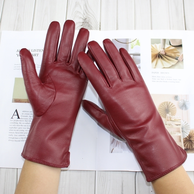 womens leather color gloves sheepskin classic straight style knitted lining spring driving mittens autumn 240914