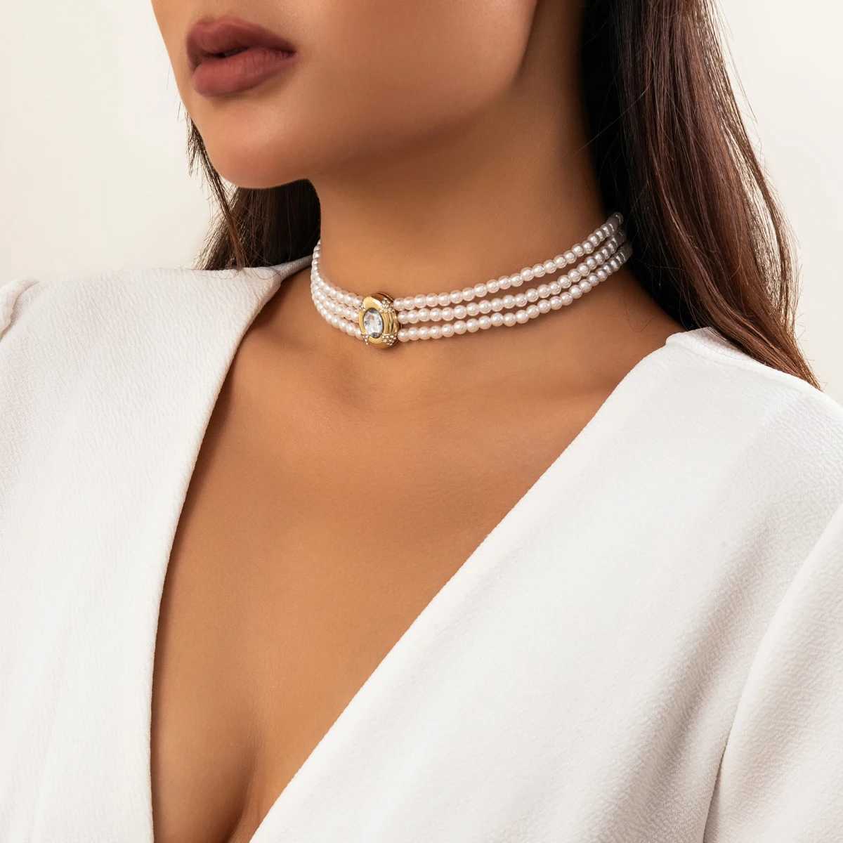 IngeSight.Z Vintage Multi-layer Imitation Pearls Choker Necklaces Women Luxury Oval Rhinestones Necklace Wedding Party JewelryX241009
