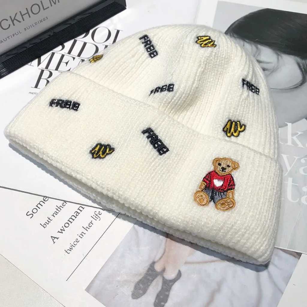 Beanie/Skull Caps Womens autumn and winter cute bear knitted hat outdoor cool warm small couples family travel holiday drawstring H241010