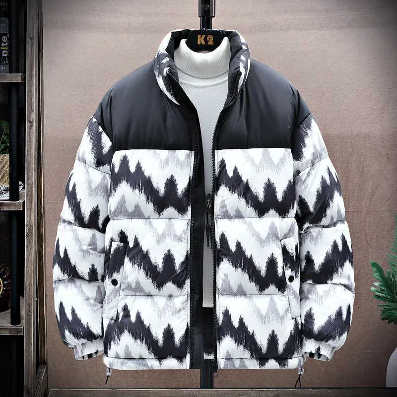 Men's Down Parkas Plush Jacket Men Winter Patchwork Stand-up Collar Printing Coat Cotton-Padded Jacket Unisex Thick Warm Vintage Fashion Parkas Y