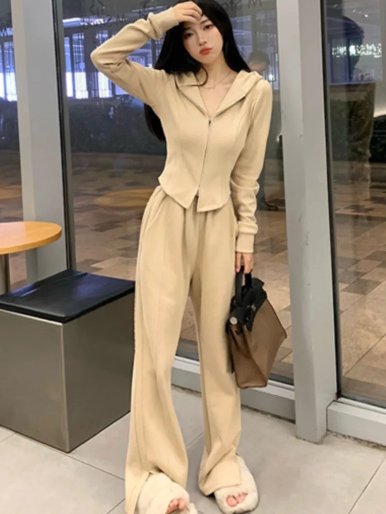 Y2K Solid Two Piece Tracksuit Womens Hoodie Zipper Jacket High Waist Wide Leg Pants Korean Fashion Street Slimming Set 241008