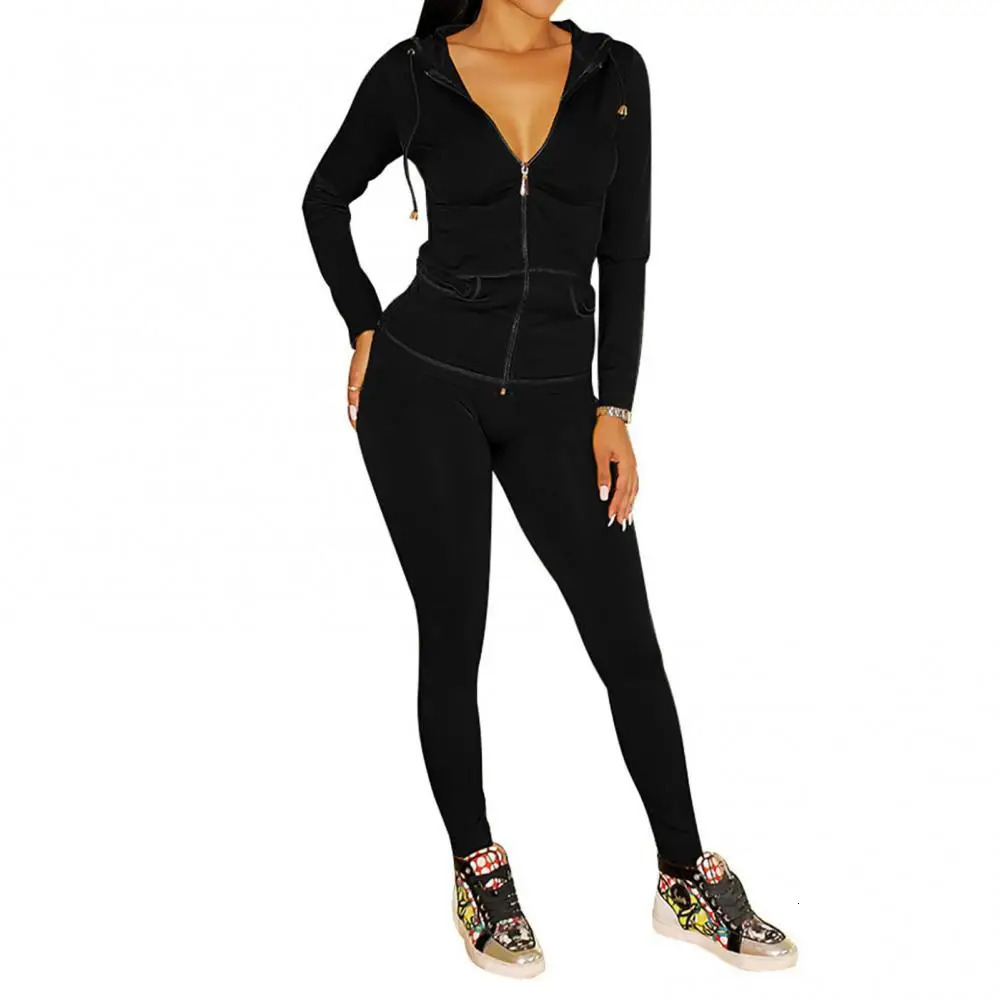 Womens long sleeved hooded pocket jacket tight pants sportswear 241007