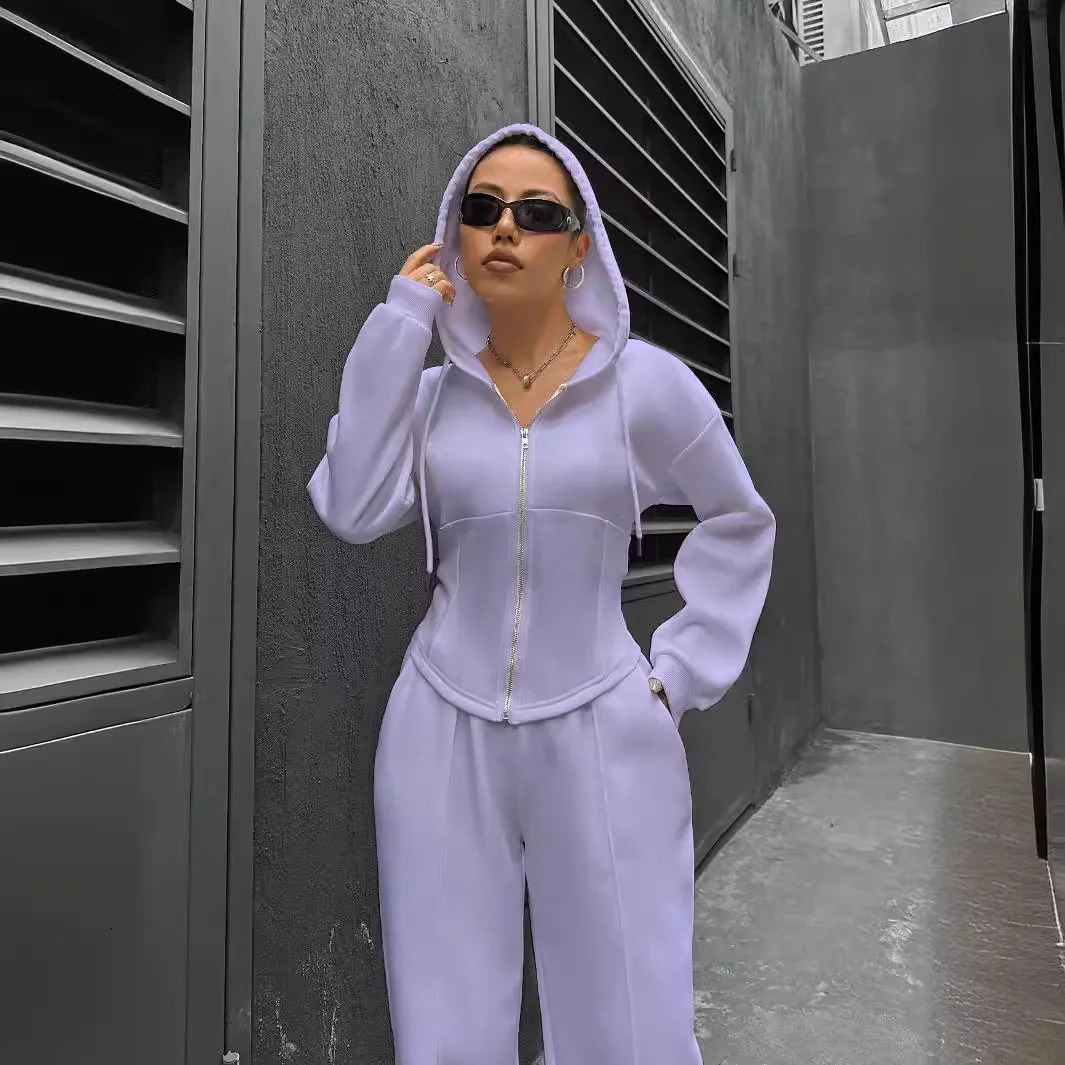 Grey bomber jacket womens 2piece casual long sleeved zipper solid sportswear Trouser set autumn 241008
