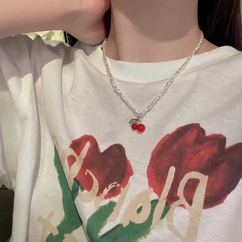 Kiss Jewelry Kpop Summer Red Cherry Leaf Pendant Pearl Beaded Necklace for Women Y2K Korean Fashion Sweet Choker 2023 TrendyX241009