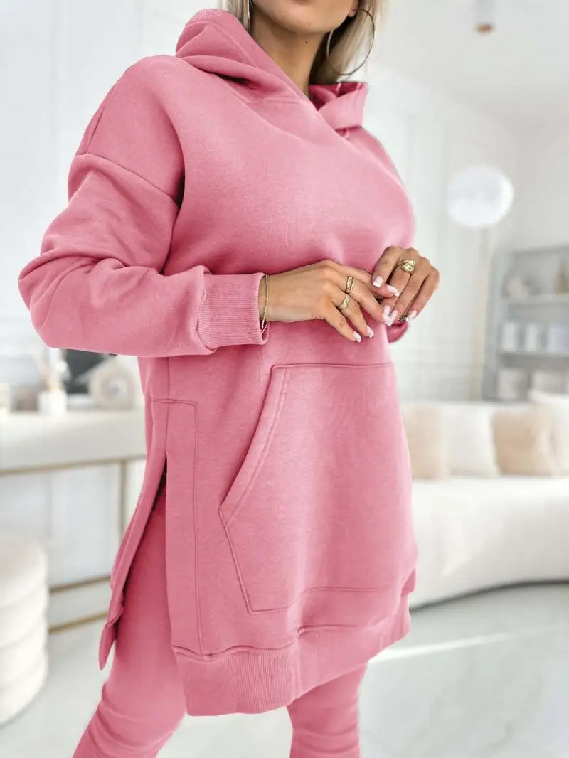 Thick casual long sleeves with large pockets hoodie threaded legs sports slim pants 2piece set 241008