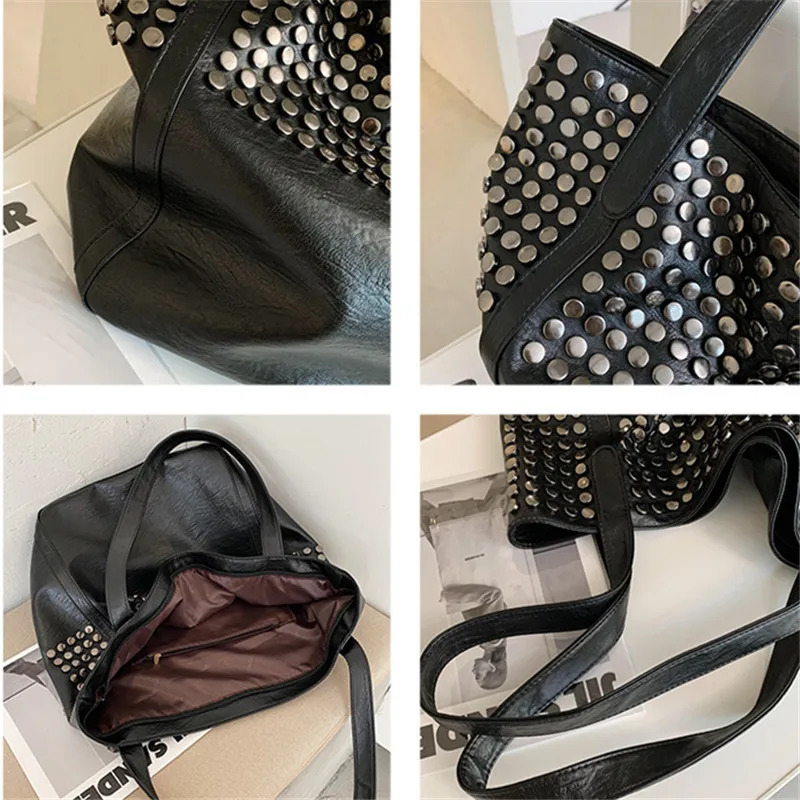 Womens capacity shoulder bag rivet soft leather handbag womens Pu large capacity shopping handbag casual tote bag 241008