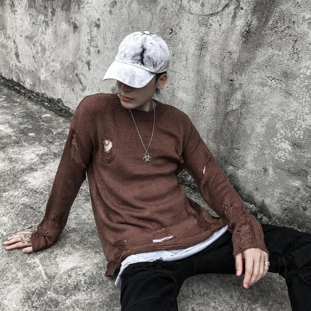 Black Red Striped Sweaters Washed Destroyed Ripped Sweater Men Hole Knit Jumpers Women Oversized Harajuku 240930