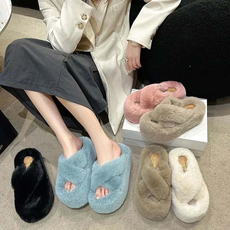 Womens Fur Womens Artificial Fur Fluffy Plush Slide House Fluffy Platform Indoor Flat Casual Sandals Round Toes Winter 241007