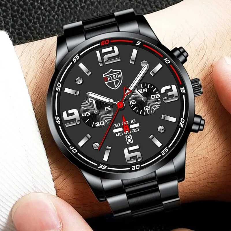 DEYROS Fashion Mens Watches Luxury Black Stainless Steel Quartz Wrist Watch Man Business Watch for Men Calendar Reloj HombreX241010