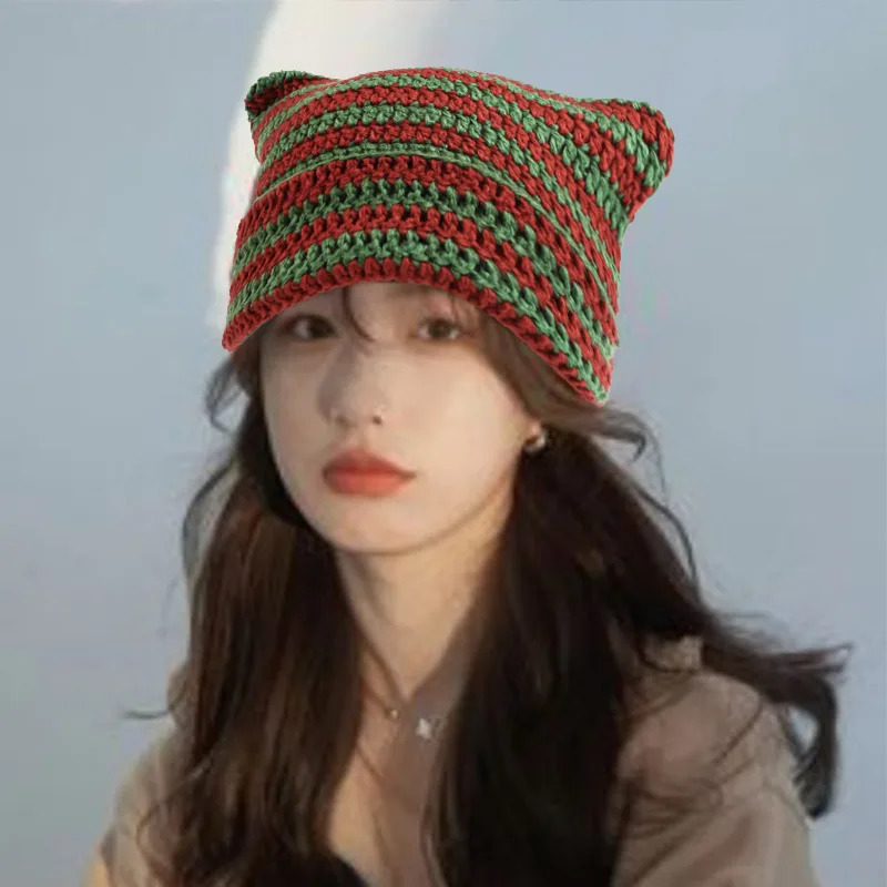 Cute Cat-eared Hand-crocheted Woolen Hat For Ladies Winter Imp Striped Korean Punk Gothic Casual Thermal Hat 241007