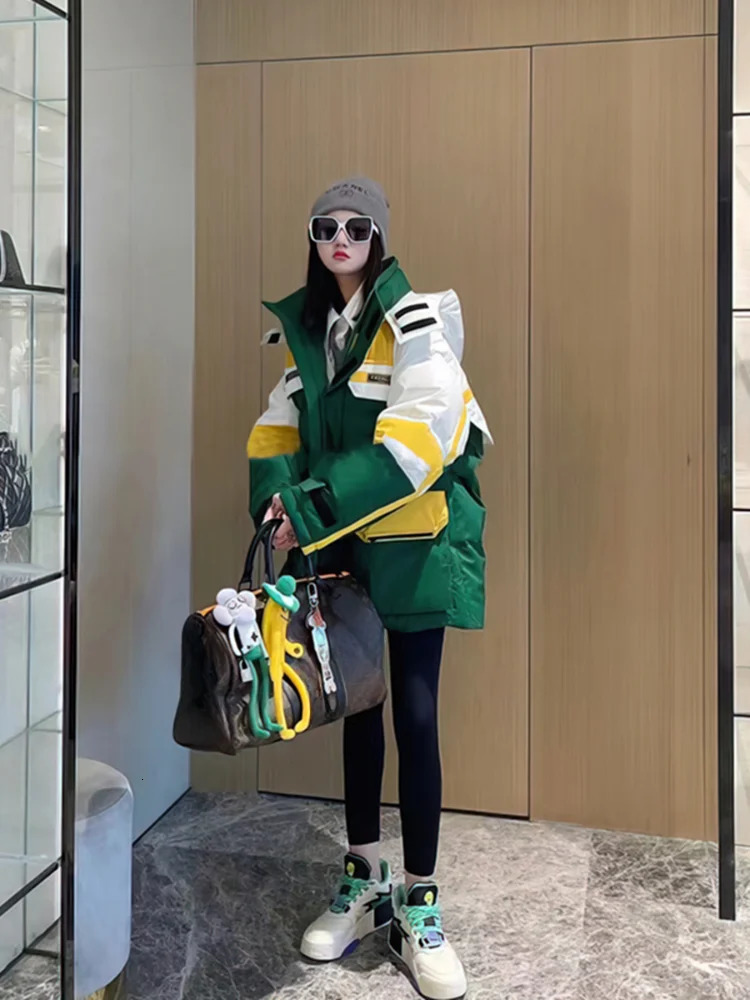 Womens colorful collision splicing work jacket down jacket white duck down thick and warm inflatable jacket winter 241009