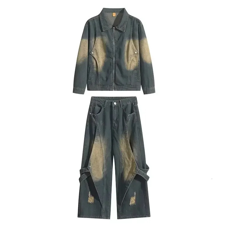 Trendy Mens Denim Suit Spring Autumn Casual Cardigan 2piece Set Crossborder Stock Fresh Style Fashionable Clothing 241009