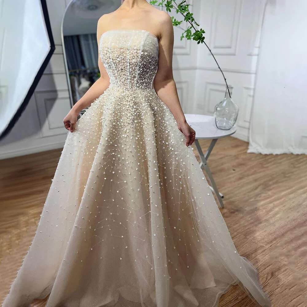 Serene Hill Arabic Beige Strapless Beaded Elegant A e Long Evening Dresses Gowns For Women Wedding Party 2024
