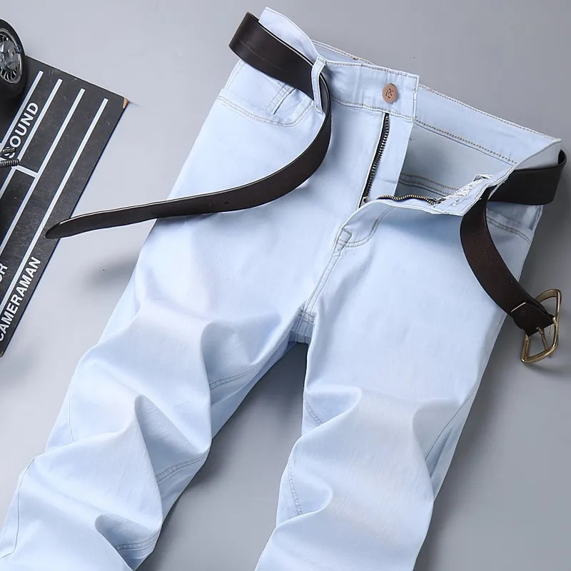 denim jeans mens classic slim fit summer autumn business casual light blue elastic cotton Trouser 240929