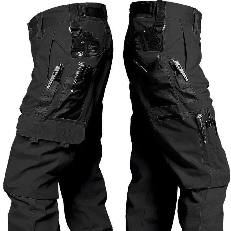 Black camouflage cargo pants outdoor multi pocket tear resistant and waterproof mens autumn wear-resistant training fishing work pants W241009