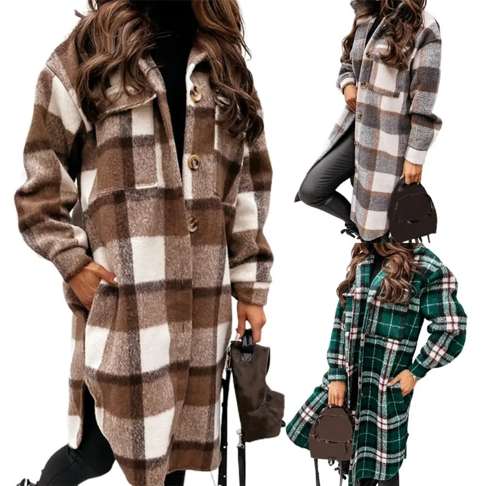 Autumn and winter womens coat long sleeved plain coat flip pocket wool coat outerwear outerwear 240927