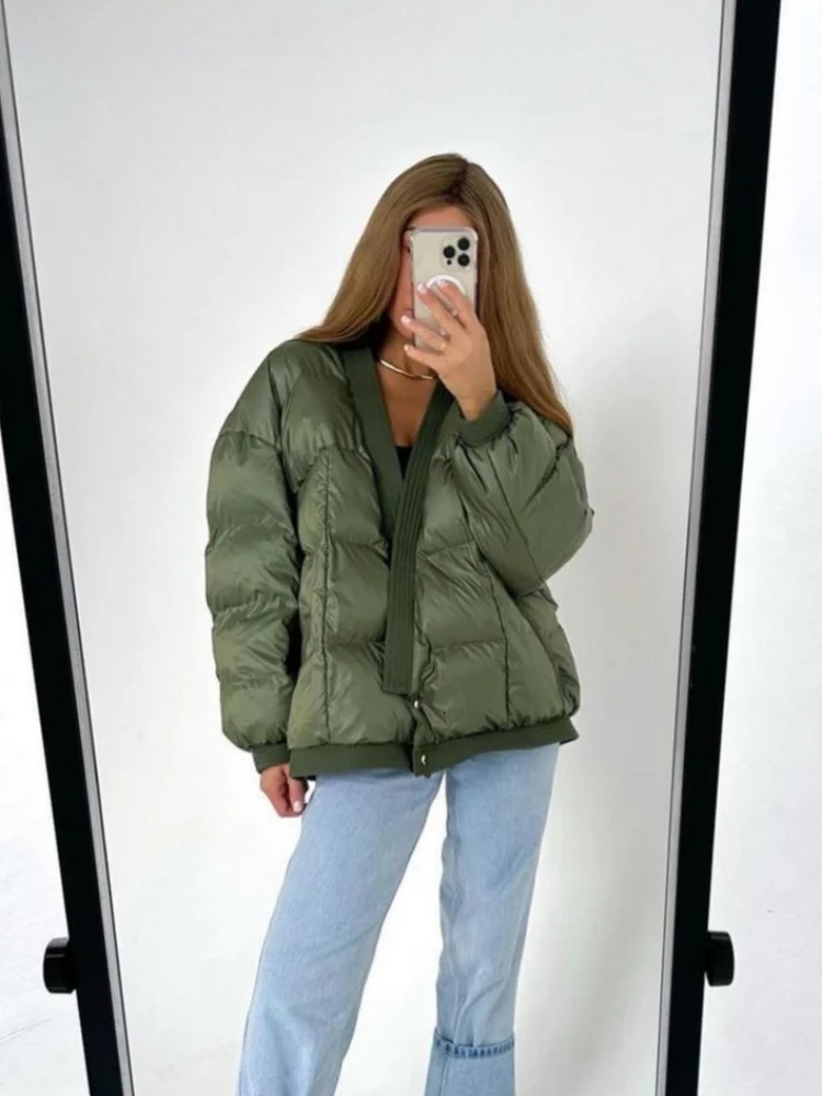 Women Winter Warm Solid Short Down Coat Fashion Two Buttons Long Sleeves Pockets Crop Outwear Chic Lady Commute Street Outerwear 240930