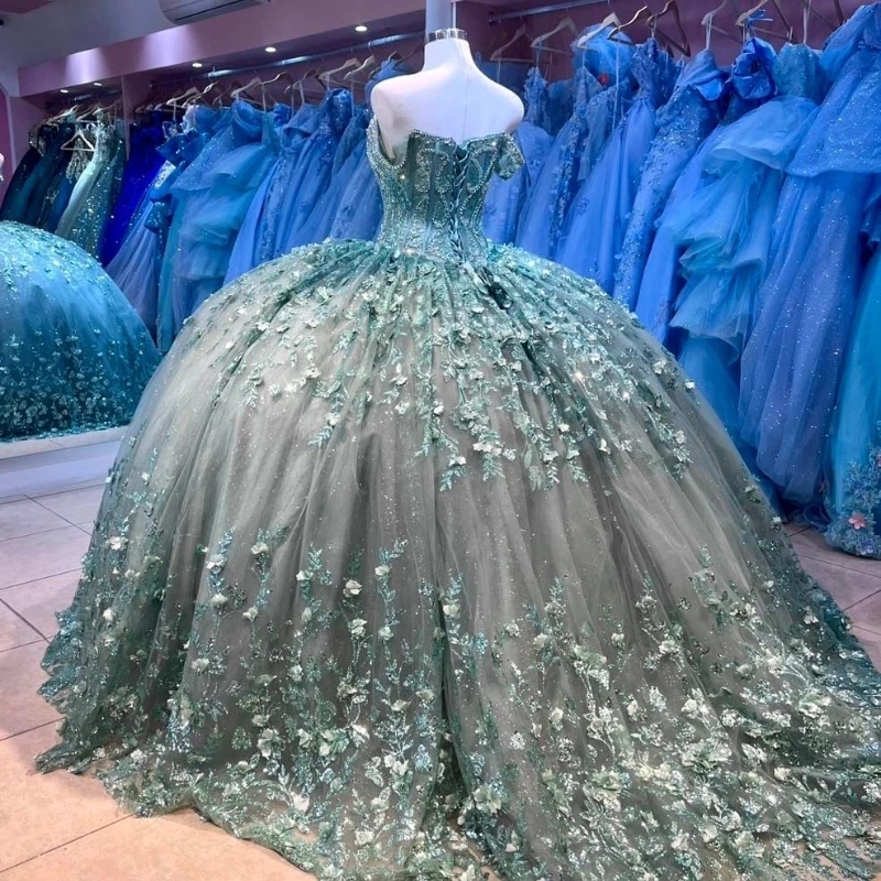 Grayish Green Sweetheart Quinceanera Dresses Princess Ball Gown Sweet 16 Dress Off The Shoulder 3D Floral Sequin Appliques Lace Beads Vestidos De 15 A