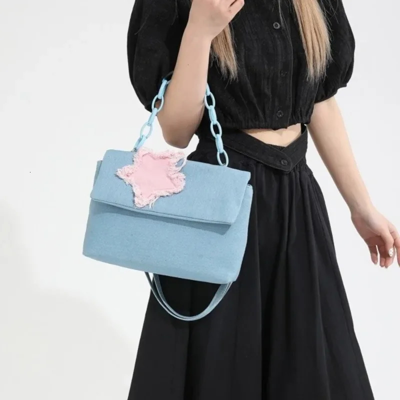 Contrasting Color Fashion denim bag for women shoulder messenger bag Versatile Ins large capacity handbag 241008