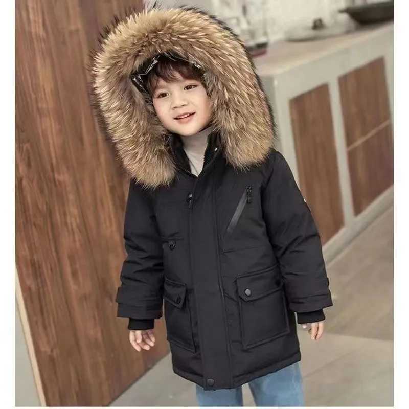 Down Coat 2024 New Boys Winter Jacket Thick Warm Coat Boys Parka Real Fur Hooded Snow Jacket Childrens Gloves 4 8 10 12 H241010