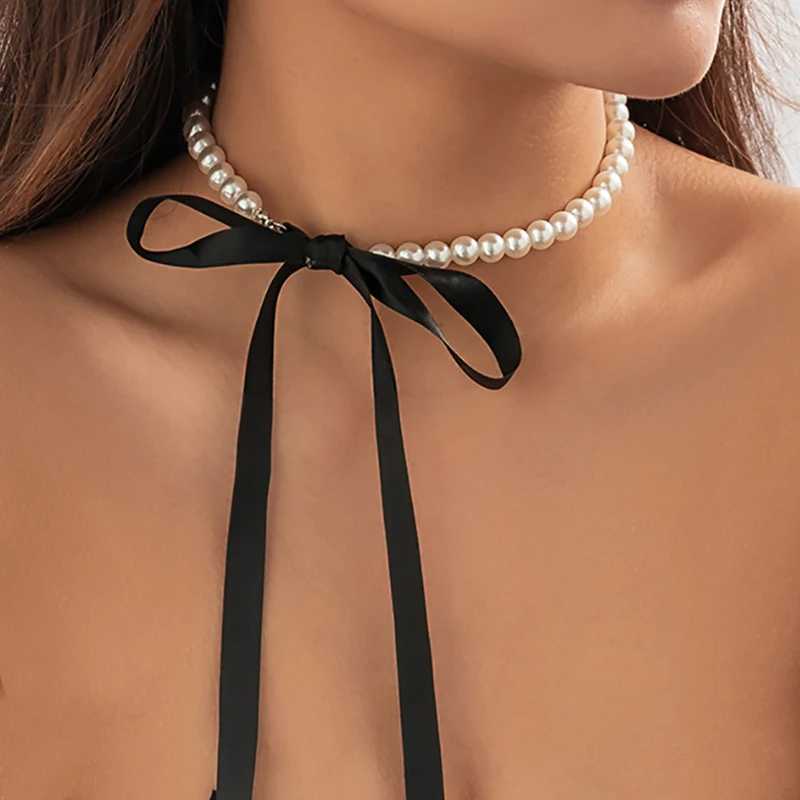 Trend Wedding Party Jewelry Long Black Ribbon Choker Necklace For Women Elegant White Imitation Pearl Beach Vacation NecklacesX241009