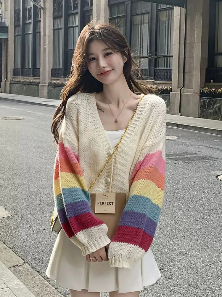 Fashion Rainbow Sweet Cardigan Sweater Casual Lazy Wind Korean Knitted Coat Chic V Neck Loose Long Sleeve Tops Outwear 241007