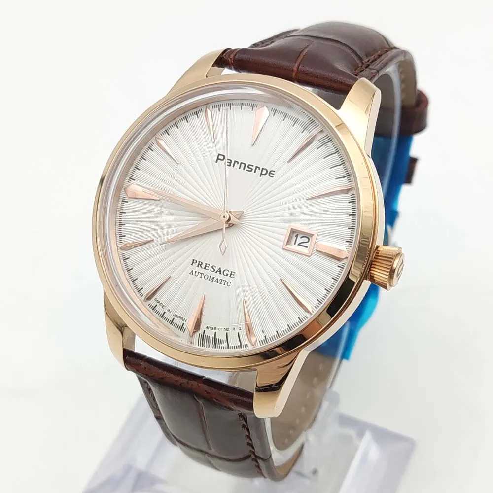 Parnsrpe Mens Mechanical Watch NH35 Movement Vintage Round Rose Gold Case Premium Leather Strap 40mm Mens WatchX241010