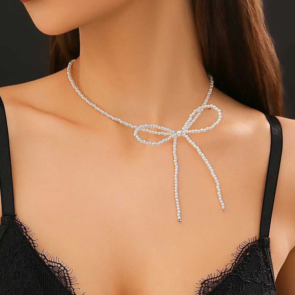 Lacteo Chic Handmade Weave Bowknot Imitation Pearl Necklace for Women Acrylic Seed Beads Choker Neck Chain Jewelry Girls PartyX241009
