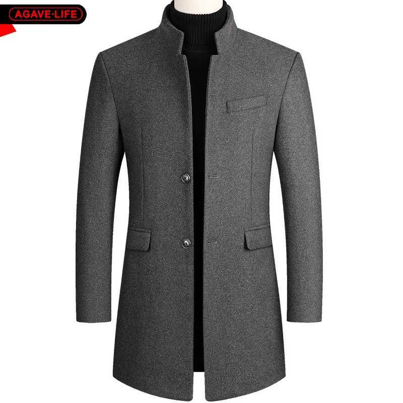 Mens Autumn Winter Woolen Coat Windproof Thick Warm Bussiness Men Mid-length Windbreaker Stand Collar Cotton Men Woolen Jackets LX241010