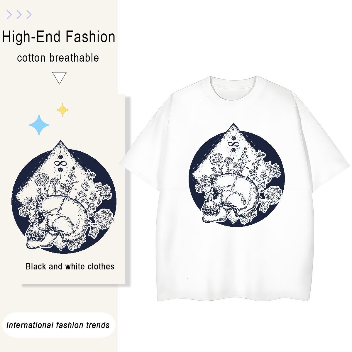 Casual New Women T Shirts 230g Pure Cotton O-Neck Short Sleeve Hip Hop Street skull Tshirt for Man Woman Brand Black White Clothes