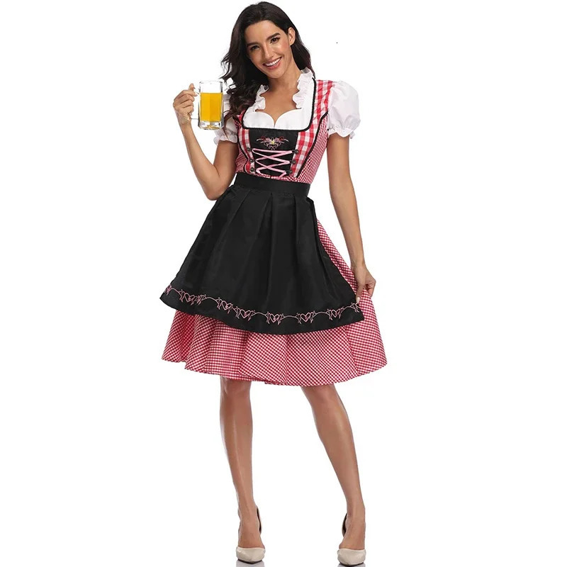 Womens Beer Festival Plaid Dirndl Dress German Bavarian Waiter Role Playing Costume Halloween Carnival Party 241007
