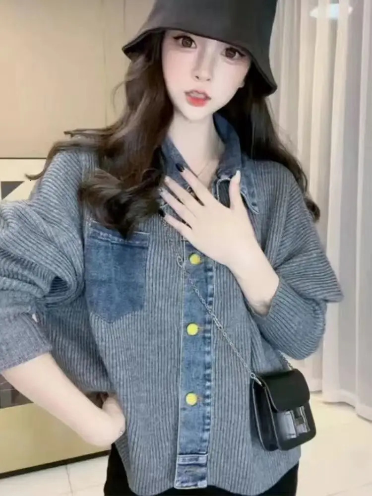 Vintage Denim Patchwork Loose Fashion Crop Knitted Cardigan Top For Womens Autumn Stitching Sweater 241007