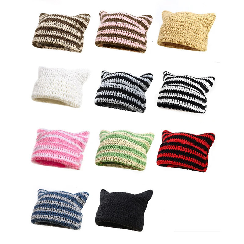 Cute Cat-eared Hand-crocheted Woolen Hat For Ladies Winter Imp Striped Korean Punk Gothic Casual Thermal Hat 241007