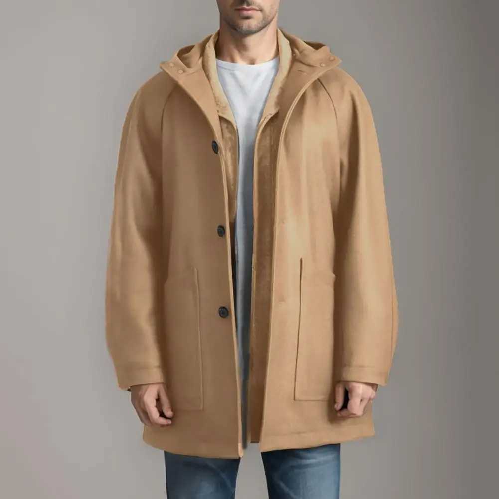 Mid-length Woolen Outwear Stylish Mens Hooded Woolen Coat with Pockets Raglan Sleeve Outwear for Winter Single Breasted LX241010