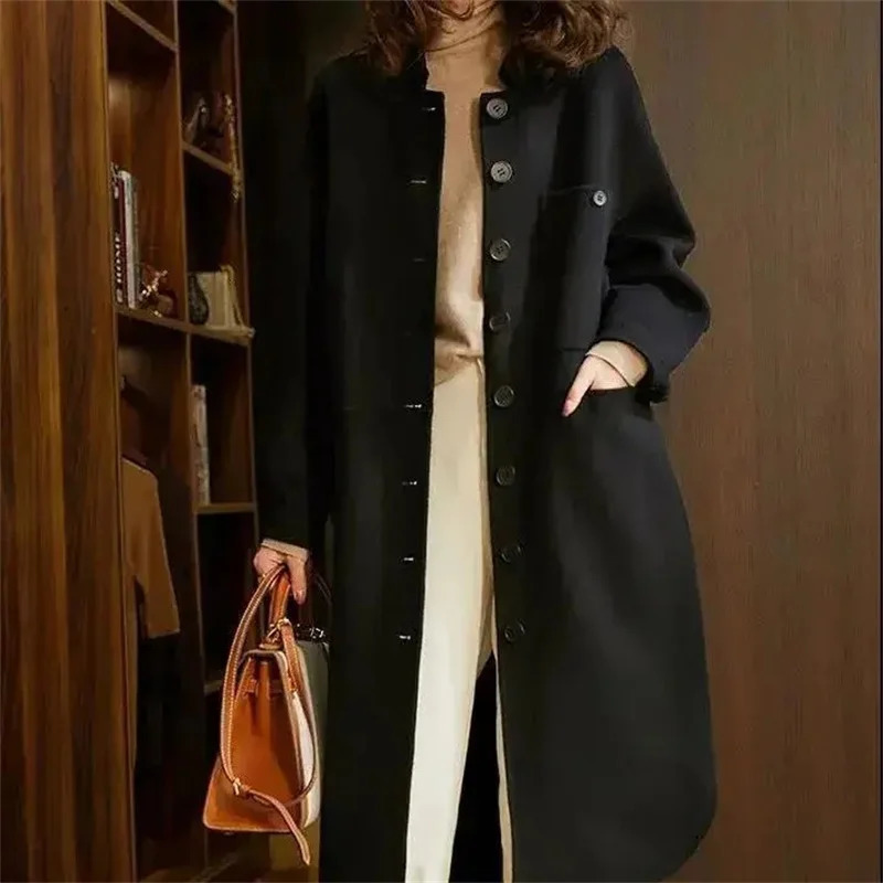 High Quality 4XL Simple Woolen Coat Womens Clothing 2023 Spring Autumn MidLong Temperament Wool Blends Jacket Women Trench 241008