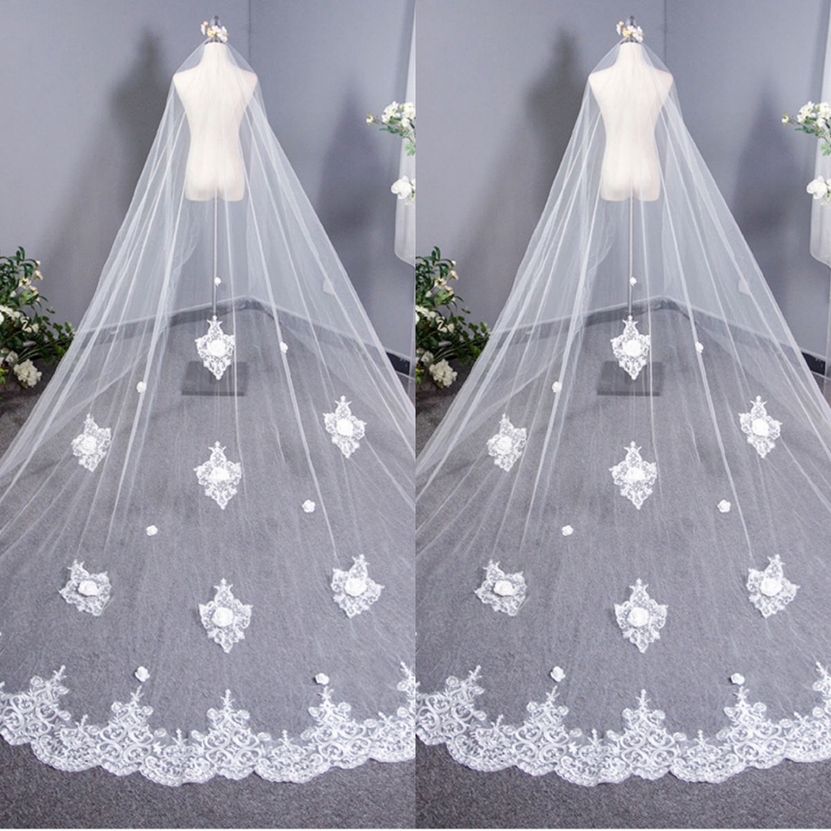 Illusion Wedding Veil 3D Appliques One Layer Long Cathedral Length Veils Applique Edge Custom Made Bridal Accessories High Quarity