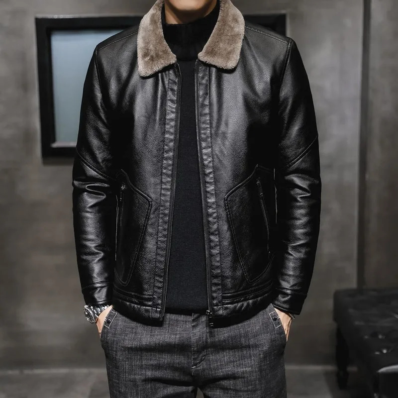 Winter leather jacket mens fashionable lapel plush thick fur casual mens leather jacket fashionable jacket 241010