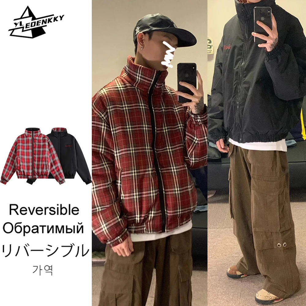 Reversible Parkas mens retro colored checkered thick jacket stand up collar warm loose jacket winter couple top 241007