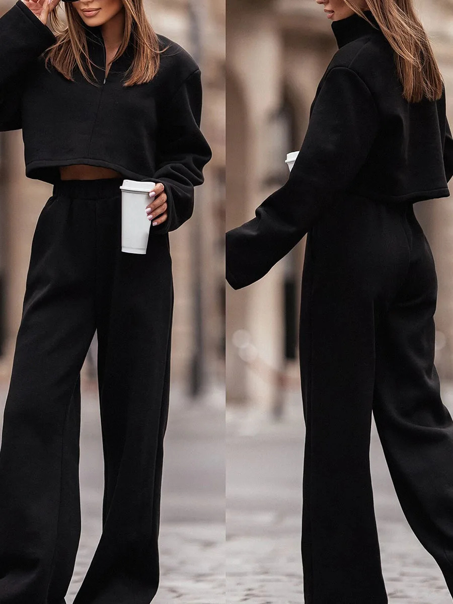 Womens twopiece casual set half zip sweatshirt wide leg sweatpants sportswear track 241008