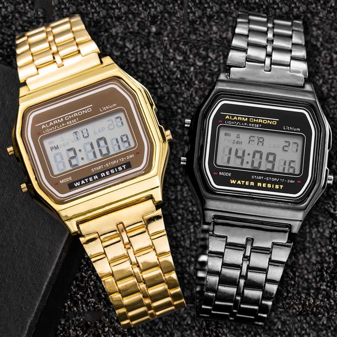 2Pcs Fashion Digital Mens Watches Gold Luxury Stainless Steel Link Bracelet Wrist Watch Band Business Electronic Male ClockX241010
