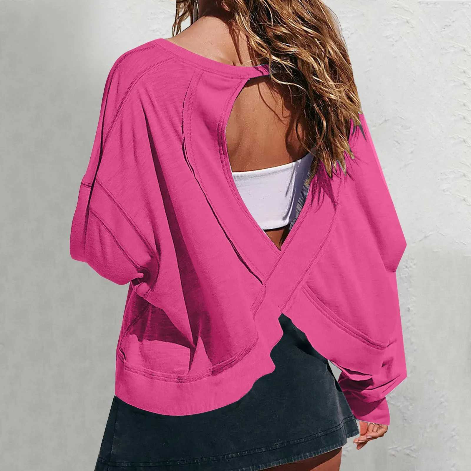 New Arrival Womens open back training top oversized sports shirt solid color long sleeved irregular bottom gym running yoga shirt M241009