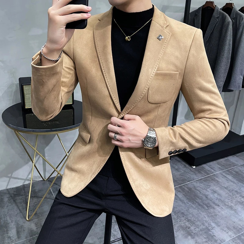 Spring Suede Suit Jacket Men Casual Business Slim Fit Blazer Deerskin Leather Jacket Men Wedding Street Wear Social Coat 241010