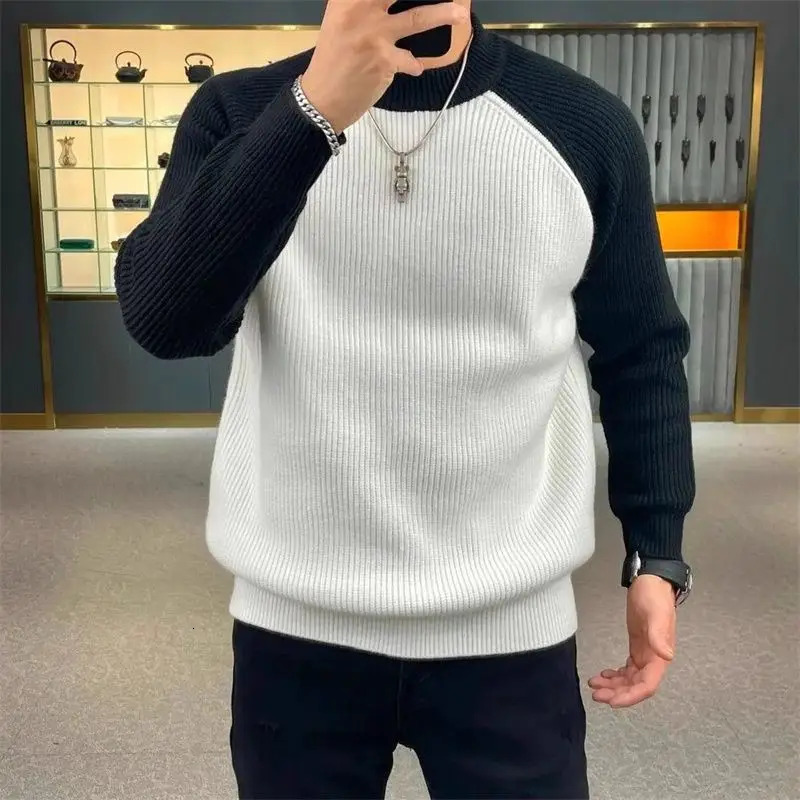 Autumn and Winter Mens Sweater Casual Warm Loose Fashion Patch Work Pulling Flower Retro Harajuku Round Neck Knitted Bottom Sweater 241007