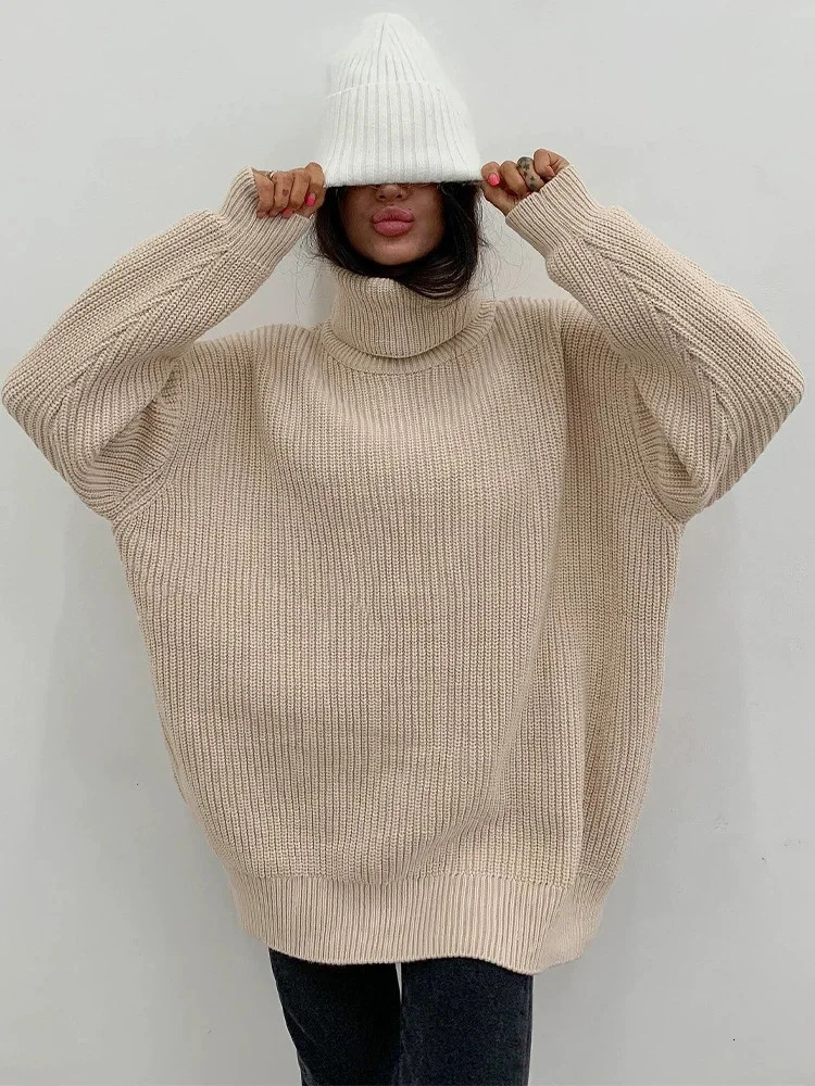 Thick and warm knitted sweater for autumn winter women loose fashionable solid color high neck casual bottom cotton elastic 241007