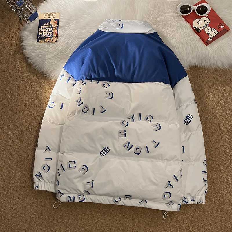 Men's Down Parkas Winter Thicken Cotton Jacket Travel Bubble Coat Harajuku Fashion Oversize Waterproof Ski Coat Contrast Zippered Puffer Jacket Y