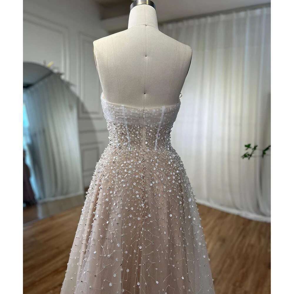 Serene Hill Arabic Beige Strapless Beaded Elegant A e Long Evening Dresses Gowns For Women Wedding Party 2024
