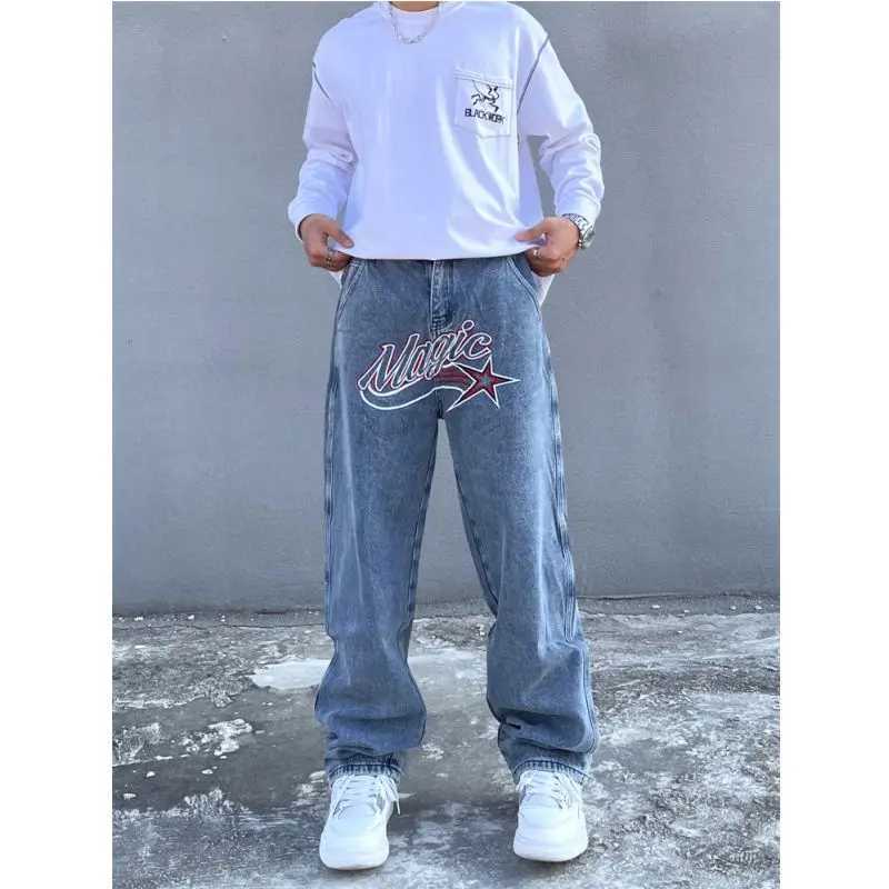 Y2K Pants American Street Mens Harajuku Casual Straight Leg Jeans City Boy Printed Hip-hop Wide Leg Pants Oversize ClothingX241009