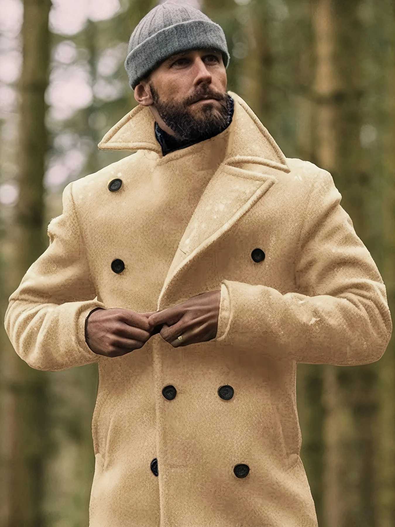 New autumn and winter mens British style woolen coat mid-length long-sleeved warm mens woolen coat LX241010