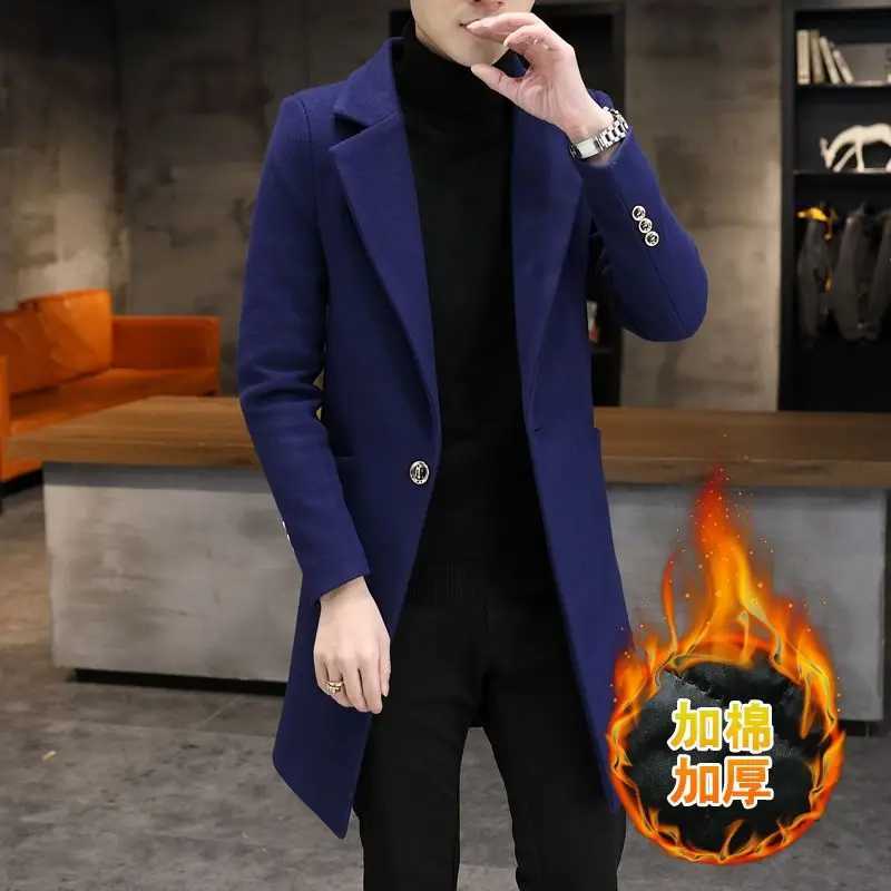 Fashionable high-end mens solid color casual handsome plus cotton thickened wool coat medium long woolen collar coat LX241010