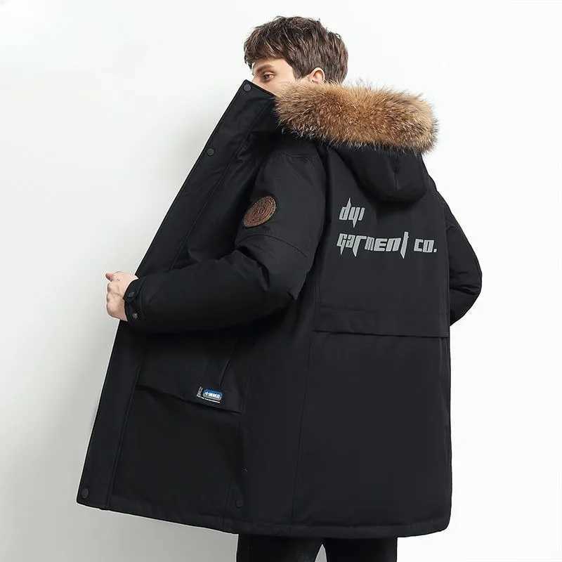 Men's Down Parkas 2024 New Men Down Jacket Winter Coat Mid-length Loose Frock Parkas Thicken Warm Fur Collar Outwear Hooded Trend Overcoat Y24100